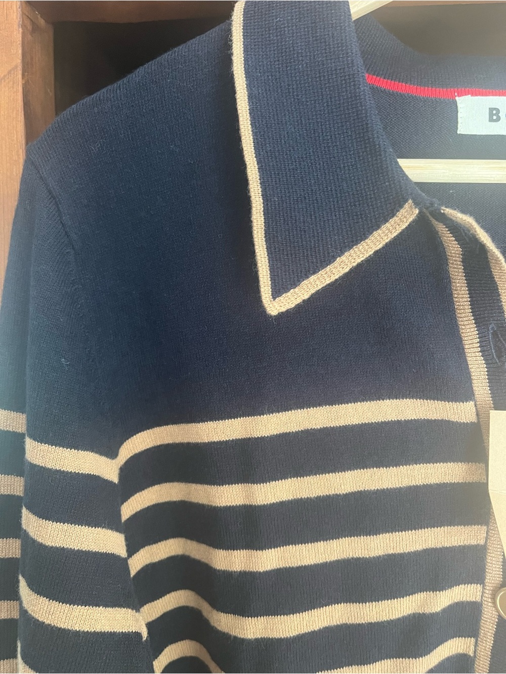 Boden NWT Liz Henley Navy and Tan Striped V‑Neck Polo Cotton Wool Blend Sweater - Picture 5 of 15